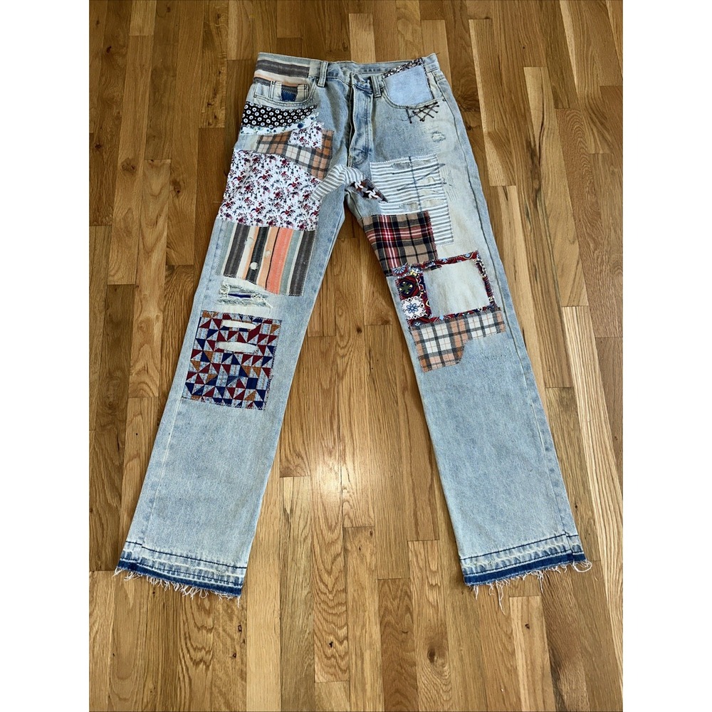mnml V291‎ Blanket Jeans Bohemian Quilt Embroidered Patchwork Size 31x32 Y2K